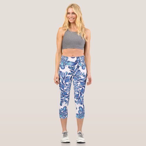 Flower and leaf mandala in blues  capri leggings