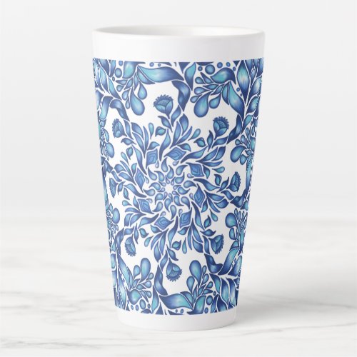 Flower and leaf mandala in blues  latte mug