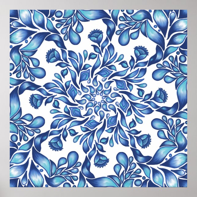 Flower and leaf mandala in blues  poster (Front)
