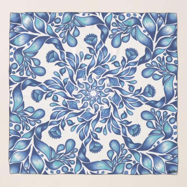 Flower and leaf mandala in blues  scarf (Front)