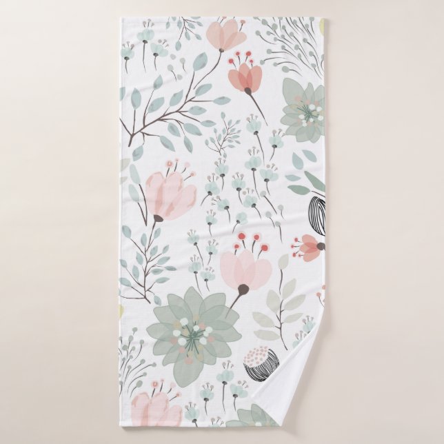 Flower and leaf pattern in tropical green and pink bath towel (Bath Towel)