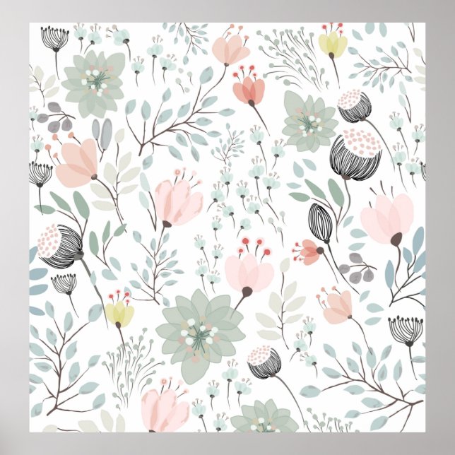 Flower and leaf pattern in tropical green and pink poster (Front)