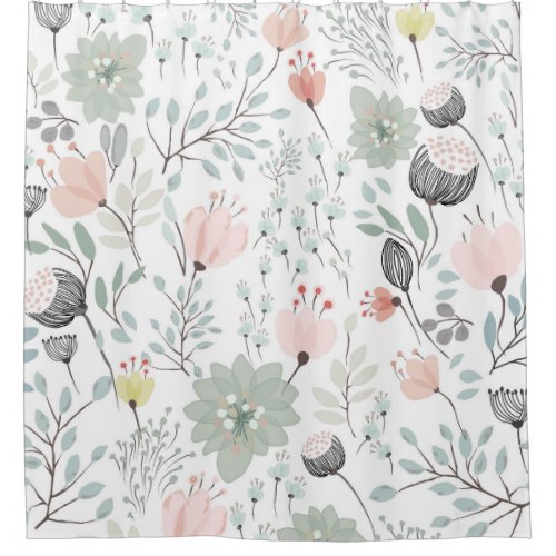Flower and leaf pattern in tropical green and pink shower curtain