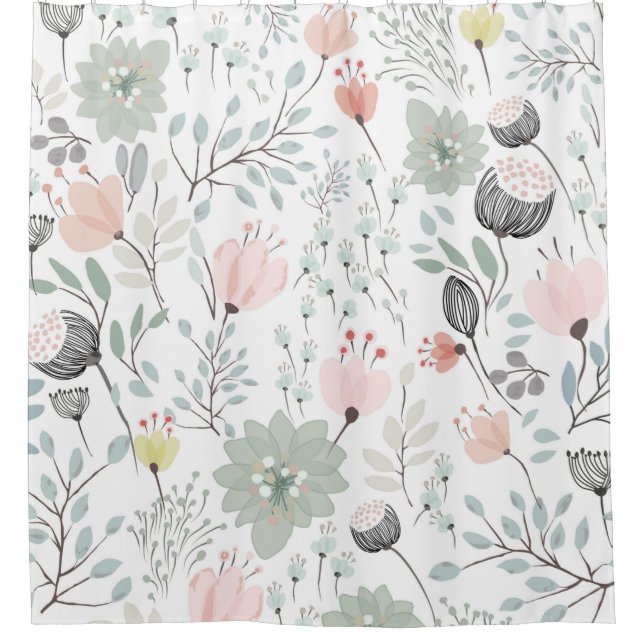 Flower and leaf pattern in tropical green and pink shower curtain (Front)