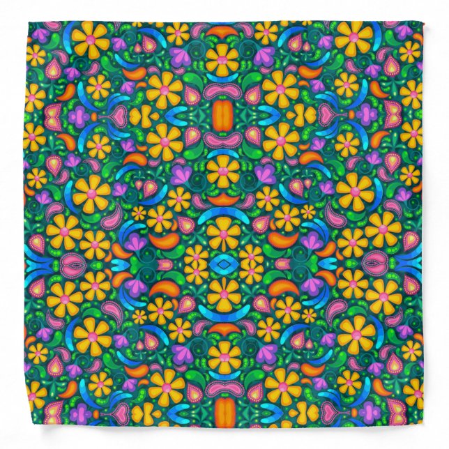 Flower and Paisley Pattern Blue Background Bandana (Front)