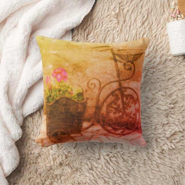 Flower Antique Bicycle Vintage Art  Throw Pillow (Blanket)