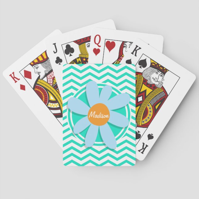 Flower; Aqua Green Chevron Poker Cards (Back)