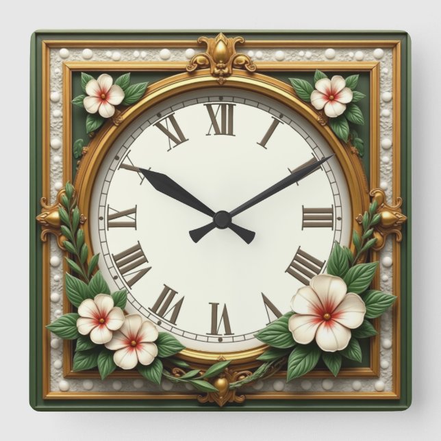 Flower Art Deco Square Wall Clock (Front)