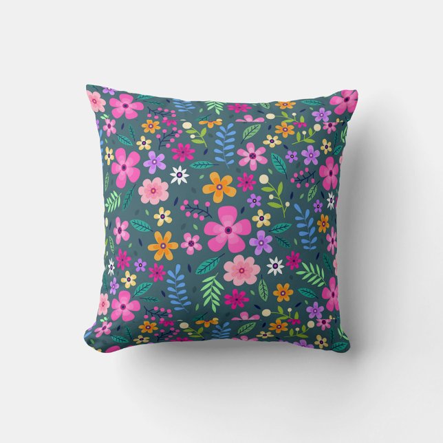 Flower Art Throw Pillow (A square throw pillow features a dense, colorful floral pattern against a dark teal background.)