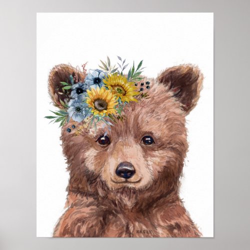 Flower Baby Bear Cub Nursery Child Woodland Poster