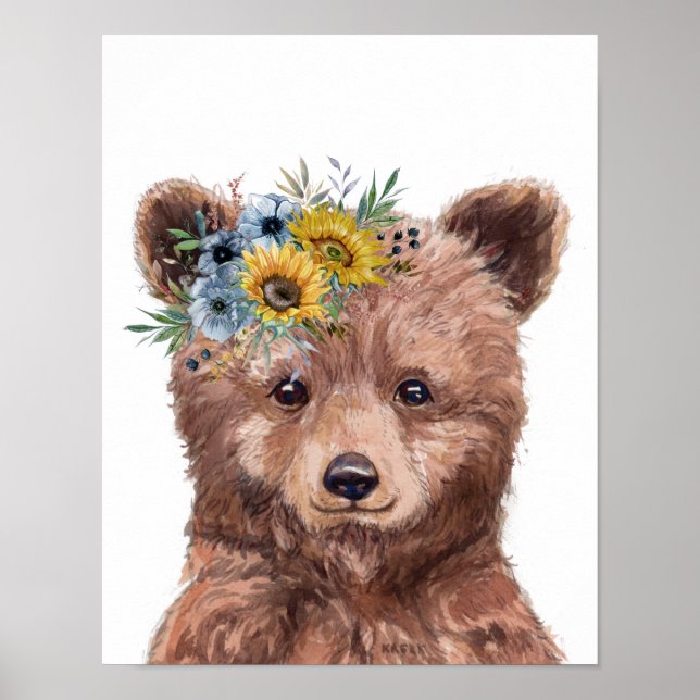 Flower Baby Bear Cub Nursery Child Woodland Poster (Front)