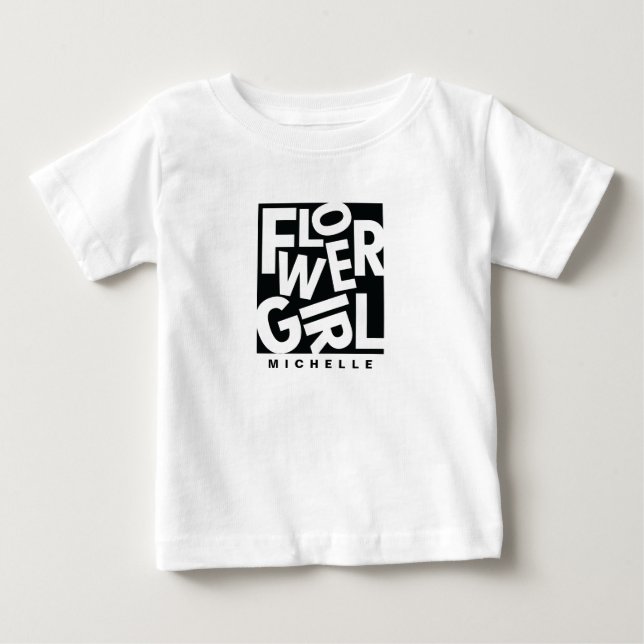 Flower baby girl in black typography, wedding T-Shirt (Front)
