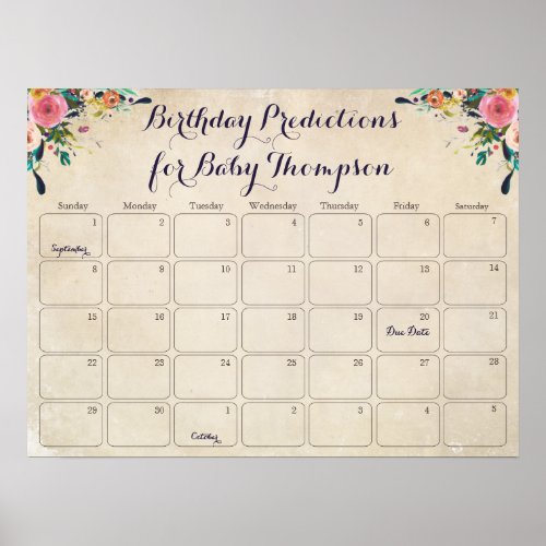 Flower Baby Shower Birthday Prediction Calendar Poster