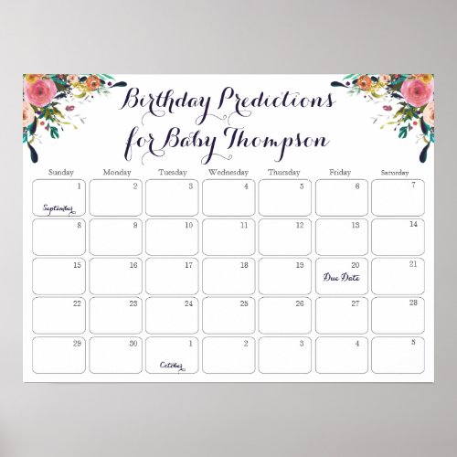 Flower Baby Shower Birthday Prediction Calendar Poster