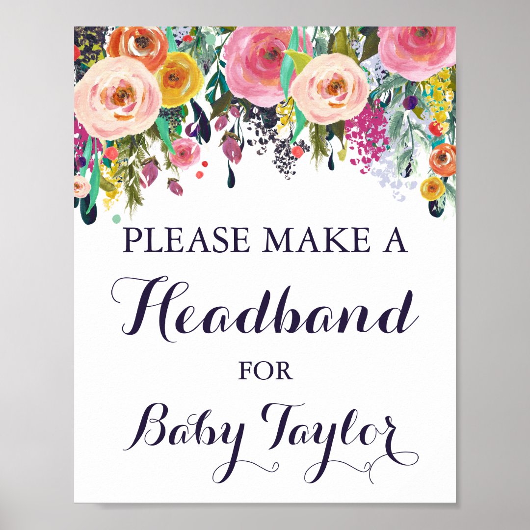 Flower Baby Shower Headband Station Sign Poster Zazzle