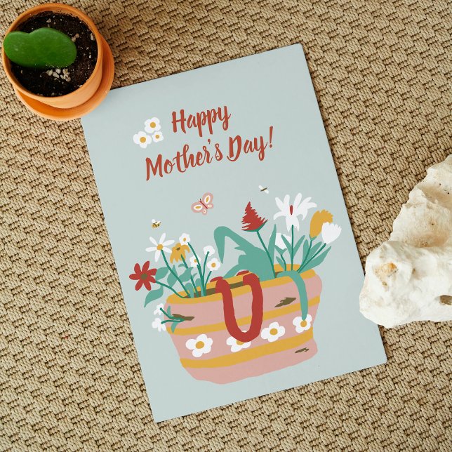 Flower Basket Happy Mothers Day text - blue green Card (Creator Uploaded)