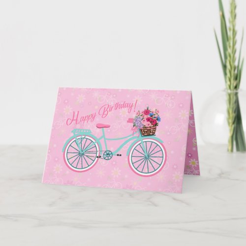 Flower Basket on Bicycle Pretty Pink Birthday Card