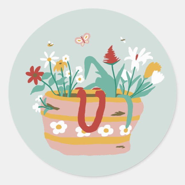 Flower Basket - on blue green. Classic Round Sticker (Front)