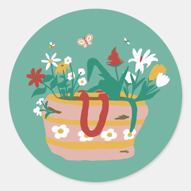 Flower Basket - on mid green. Classic Round Sticker (Front)