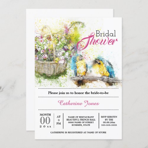 Flower basket watercolor parrots floral country invitation