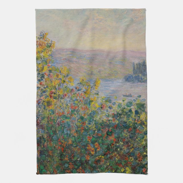 Flower Beds at Vétheuil, Impressionist Landscape Kitchen Towel (Vertical)