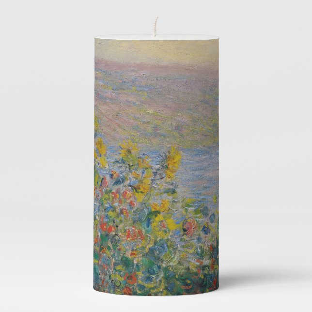 Flower Beds at Vétheuil, Impressionist Landscape Pillar Candle (Front)