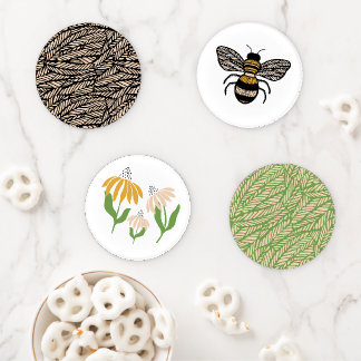Flower & Bee Art with Bee Feather pattern Coaster Set