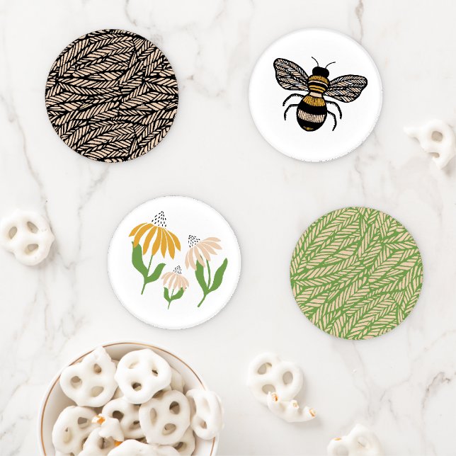 Flower & Bee Art with Bee Feather pattern Coaster Set (In Situ)