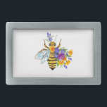 Flower bee with wild plants belt buckle<br><div class="desc">Artistically drawn,  flower,  honey bee with contrasting colors,  yellow,  bright,  blooming california poppy and blue wild plants on white background.</div>