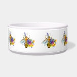Flower bee with wild plants bowl<br><div class="desc">Artistically drawn, flower, honey bee with contrasting colors, yellow, bright, blooming california poppy and blue wild plants on white background.</div>