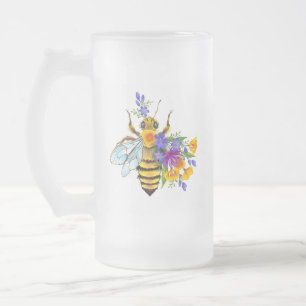 Flower bee with wild plants frosted glass beer mug