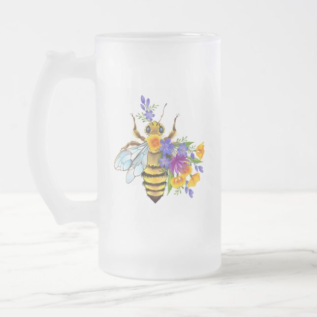 Flower bee with wild plants frosted glass beer mug (Left)
