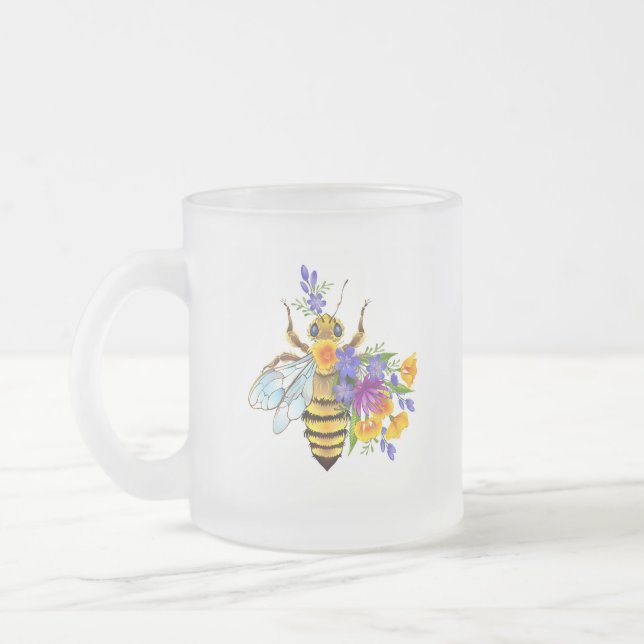 Flower bee with wild plants frosted glass coffee mug (Left)