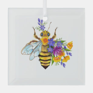 Flower bee with wild plants glass ornament
