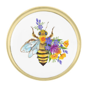 Flower bee with wild plants gold finish lapel pin