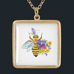Flower bee with wild plants gold plated necklace<br><div class="desc">Artistically drawn,  flower,  honey bee with contrasting colors,  yellow,  bright,  blooming california poppy and blue wild plants on white background.</div>