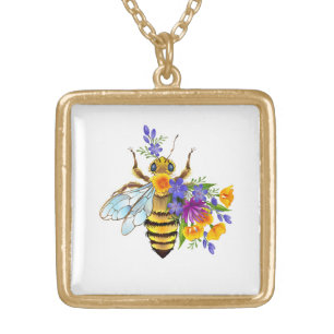 Flower bee with wild plants gold plated necklace