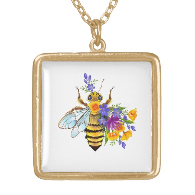 Flower bee with wild plants gold plated necklace (Front)