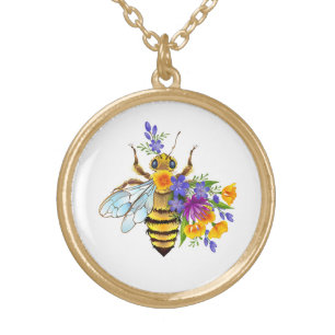 Flower bee with wild plants gold plated necklace