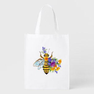 Flower bee with wild plants grocery bag