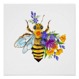 Flower bee with wild plants poster