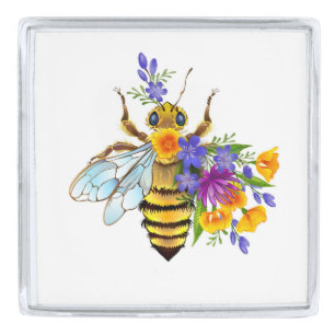 Flower bee with wild plants silver finish lapel pin