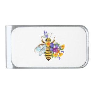 Flower bee with wild plants silver finish money clip