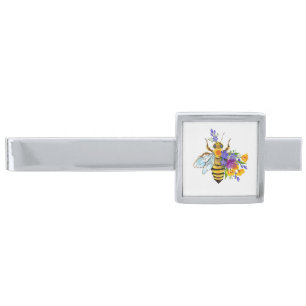 Flower bee with wild plants silver finish tie bar