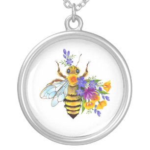 Flower bee with wild plants silver plated necklace