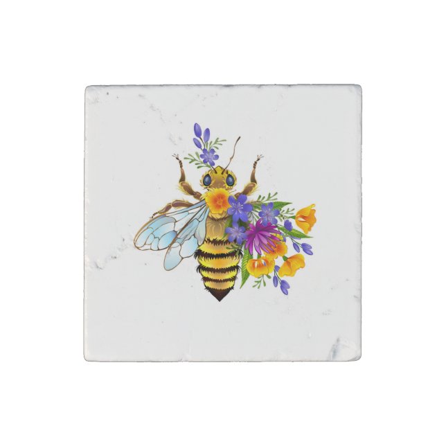 Flower bee with wild plants stone magnet (Front)