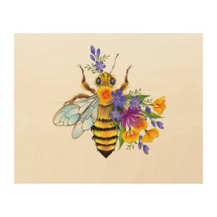 Flower bee with wild plants wood wall art