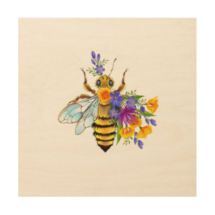 Flower bee with wild plants wood wall art