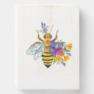 Flower bee with wild plants wooden box sign