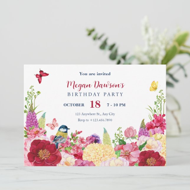 Flower bloom bird butterfly birthday invitation (Standing Front)